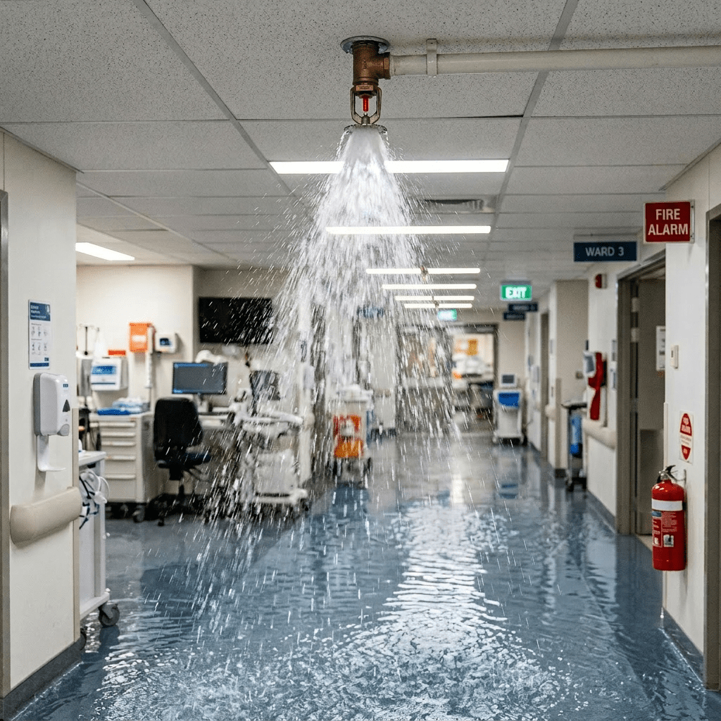 Water spraying from a ceiling fire sprinkler in a hospital hallway with medical staff wearing masks nearby